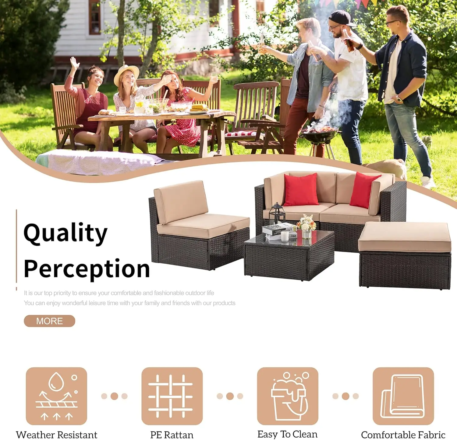 5Pieces Patio Furniture Sets Outdoor All-Weather Sectional Patio Sofa Set PE Rattan Manual Weaving Wicker Patio Conversation Set