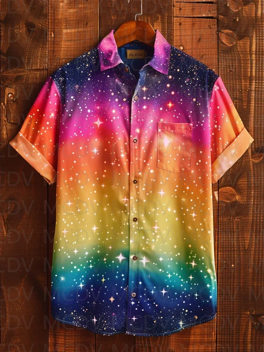 Rainbow Landscape Mountain Art Printed Style Short Sleeve Casual Shirt Men's