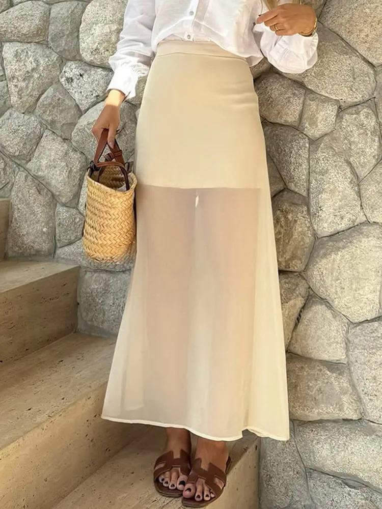 

Blifanbo Autumn See Through Sexy Long Skirt Women Double-layer Mesh Elegant High Waist Patchwork Fashion Slim Female Long Skirt