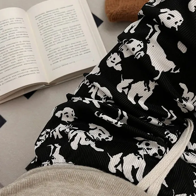

Wide Leg High Waist Pants Ice Silk Women Straight Summer Y2k Loose Overall Rabbit Japanese Dog Print Black Trousers Casual
