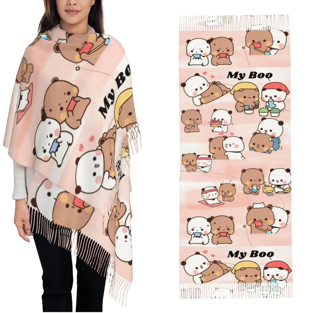 Bubu Dudu Panda Bears Cartoon Schal Wrap Damen warmer langer weicher Schal Kollektion süße Pashminas Schal Schals