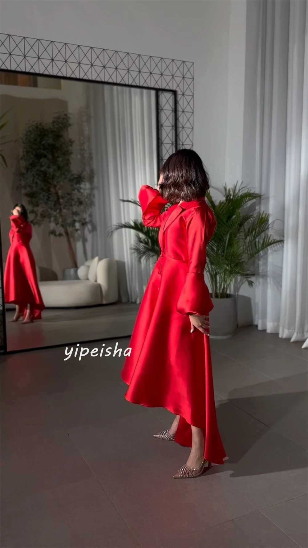 Robe de célébrité plissée en satin personnalisée, robes mi-longues, robe sur mesure, ligne A, col en V, occasion