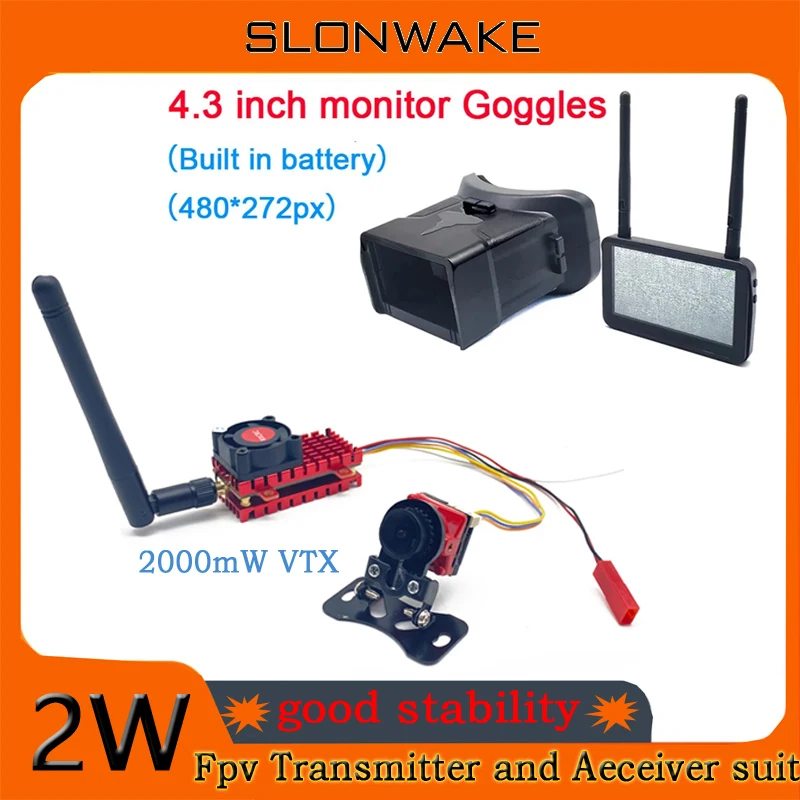 SLONWAKE New FPV 2W power transmitter red VTX  low latency 5.8g 1500TVL camera 4.3-inch glasses suit RC analog transmission suit