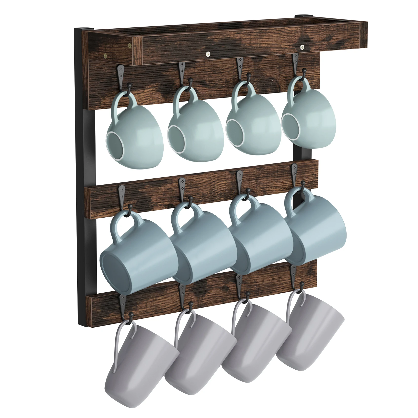 Wall Mounted Coffee Mug Cup Rack Holder Wood Mug Storage Organiser with 12 Hooks for Kitchen Coffee Bar