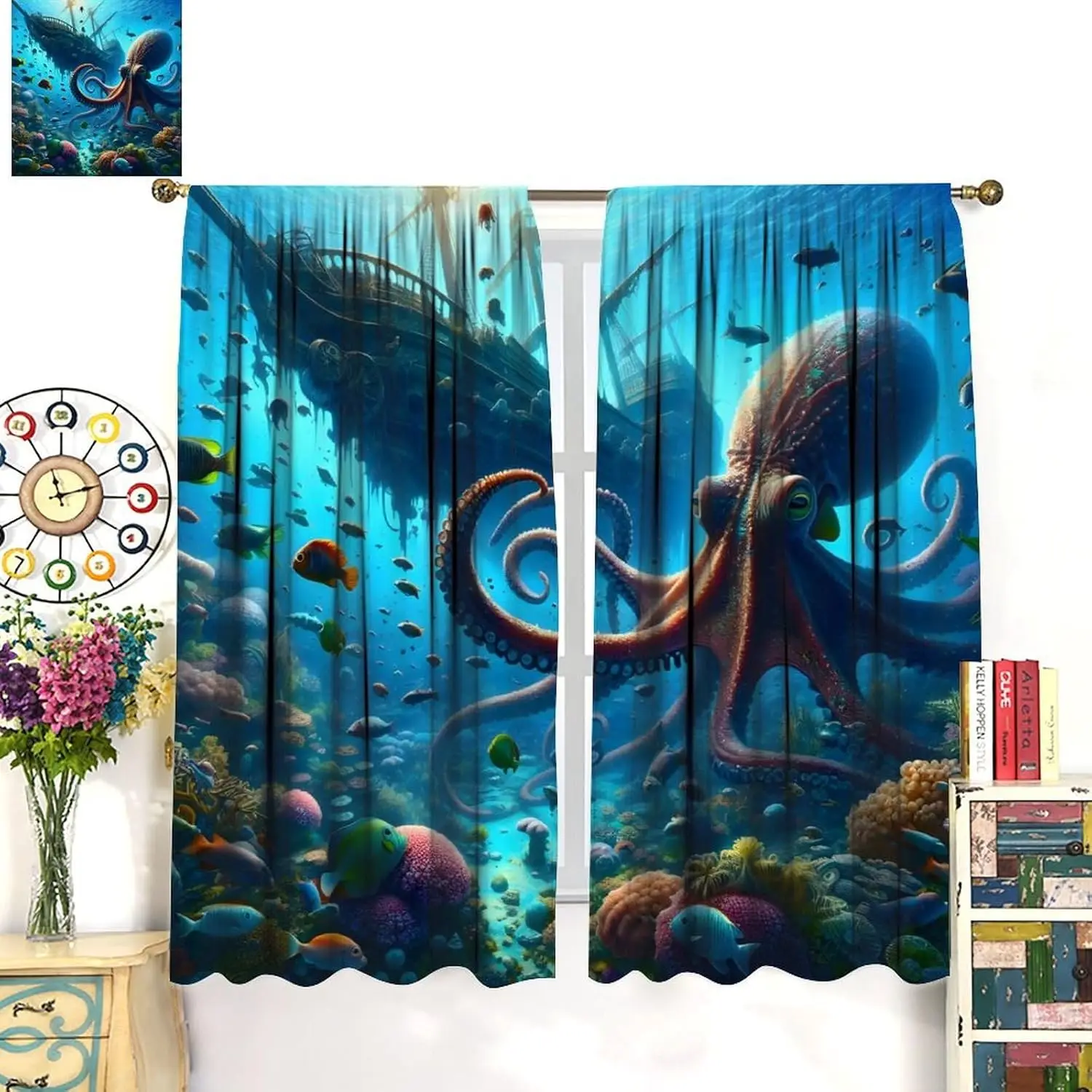Nautical Animal Curtains,Dream Octopus Bule Ocean Tropical Fish Sea Coral Reef Window Drapes Bedroom Living Room Kitchen Cafe