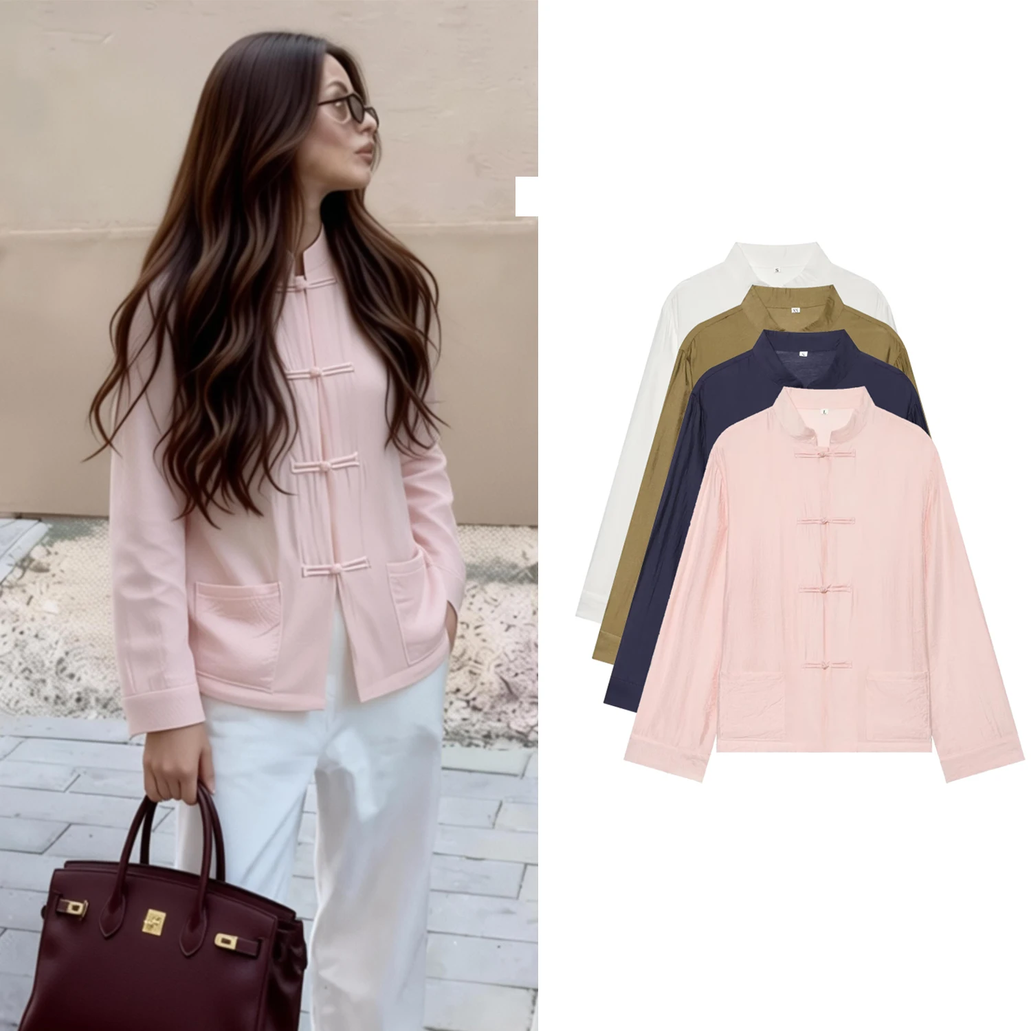 Spring Summer Women's Chinese Style Shirts Female Knot Buckle Decoration Casual Shirt Lady Long Sleeve Blouses Chic Tops