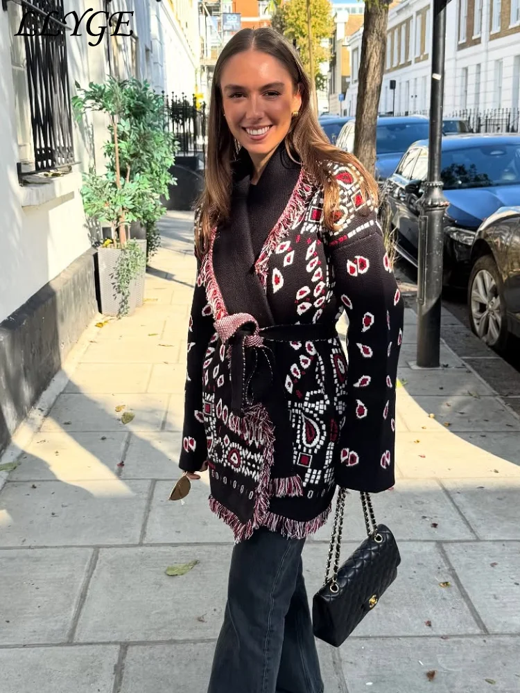 Elegant Knit Jacquard Tassel Belt Cardigan Women Lace Up Lapel Long Sleeve Warm Sweater 2026 Autumn Winter Lady Knitwears New 3 Elegant Knit Jacquard Tassel Belt Cardigan Women Lace Up Lapel Long Sleeve Warm Sweater 2026 Autumn Winter Lady Knitwears New 3