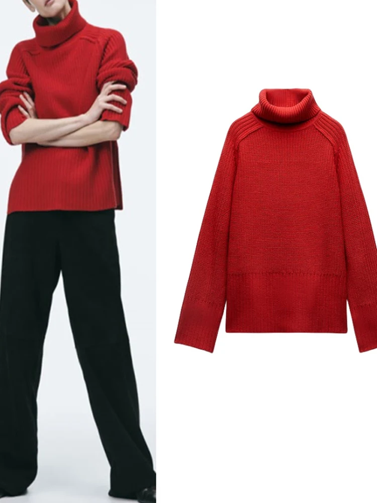 

Красный вязаный свитер с высоким воротником и боковым разрезом, модный и элегантный, женский, в уличном стиле, с длинными рукавами, для зимнего сезона, стандартный крой