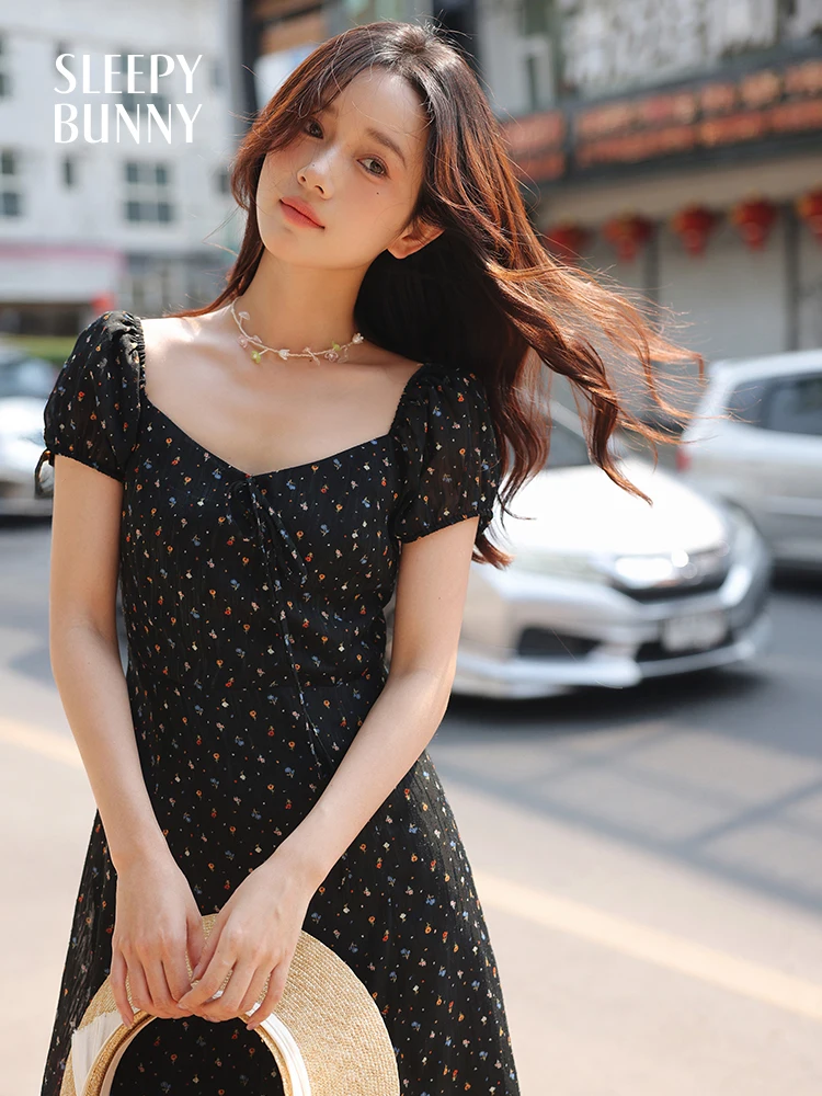 

Black Floral Puff Sleeve Midi Dress Women Summer Ruched Waist French Tea Dress Slit Elegant Slim Fit Vacation Long Sundress