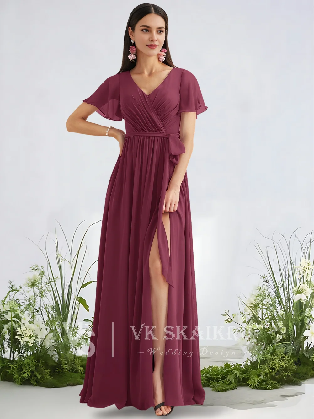 C فساتين وصيفة العروس للسيدات على شكل حرف a أرجواني بلوري على شكل حرف v طول الأرض شيفون حديقة حفل زفاف فستان كشكشة متتالية