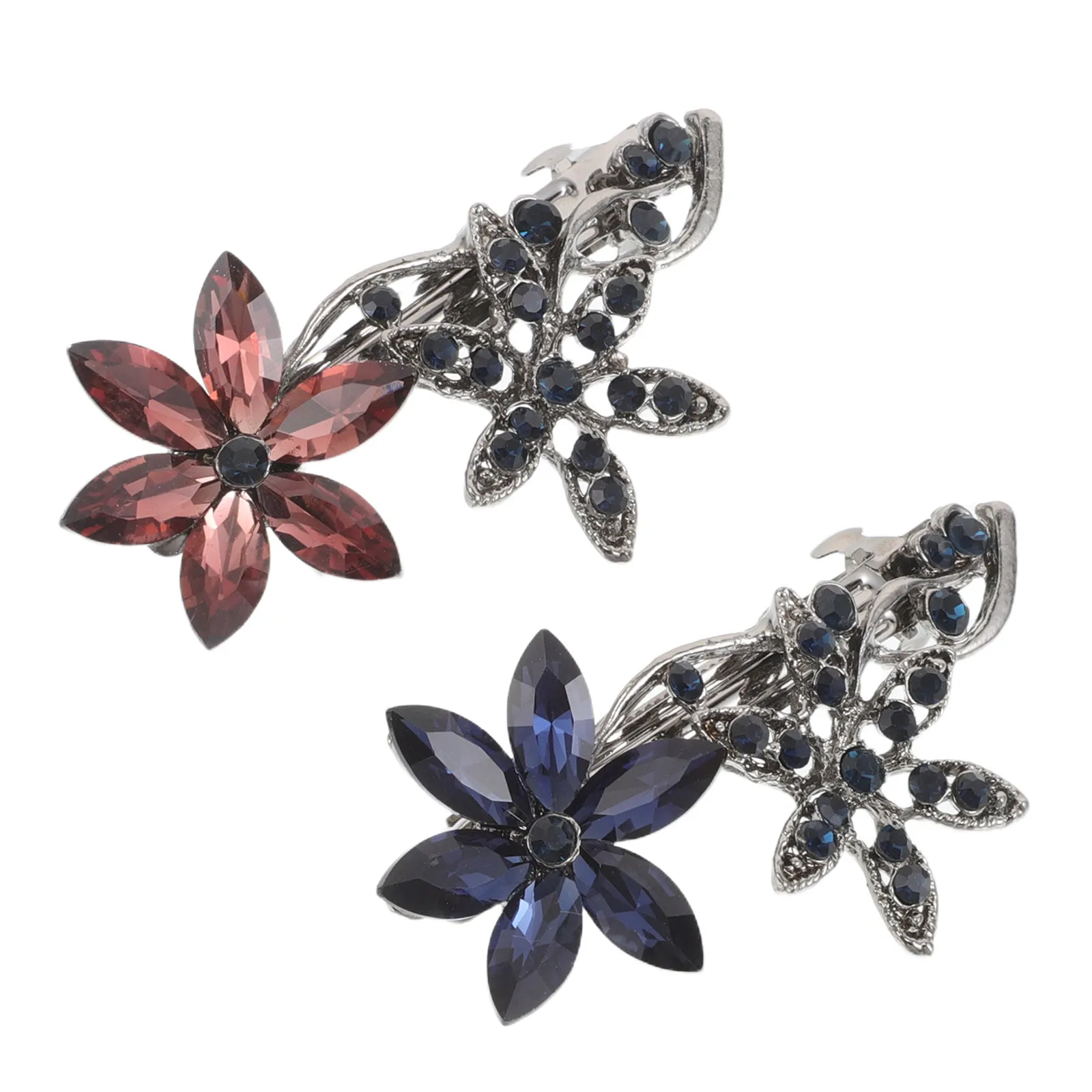 2Pcs Rhinestone Flower Hair Clips Blue Pink Elegant Orchid Design Lightweight Comfortable Bang Clip for Wedding Party Daily