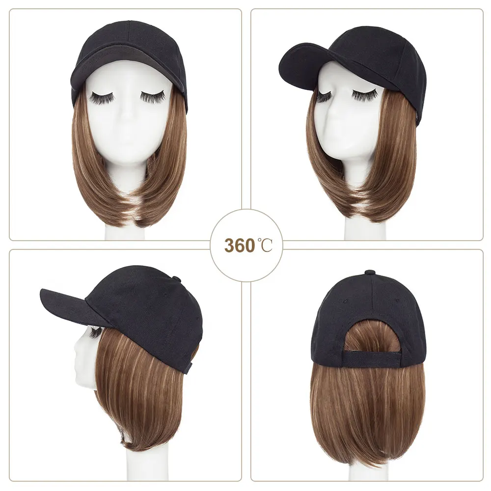 Baseball Cap with Hair Extensions Straight Short Bob Hairstyle Adjustable Removable Synthetic Wig Hat 6inch for Woman Girls