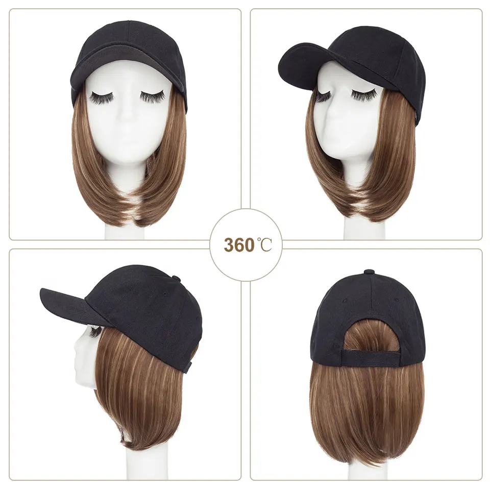 Gorra de béisbol con extensión de cabello sintético lacio bob corto, ajustable y removible, 6 pulgadas 2