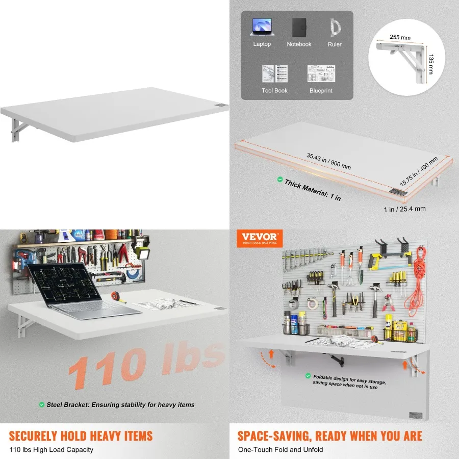 

VEVOR Wall Mounted Folding Table 35.43" x 19.69" Wall Mount Drop Leaf Table Floating Desk with Iron Bracket Fold Down Desk for
