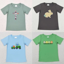 Wholesale Baby Boy Easter Embroidery T-shirt Summer Children Kids Short Sleeves Cotton Shirt Toddler Rabbit Eggs Tops Clothing