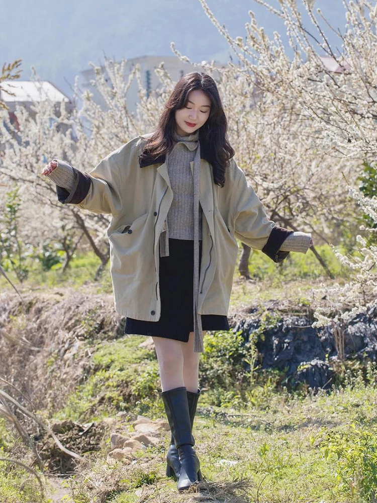 Casual ort Jaet Women's Windbreaker Stand Collar Splicing Loose Coat Ladies' Commuter Sle Button ket Detail Cotton B...