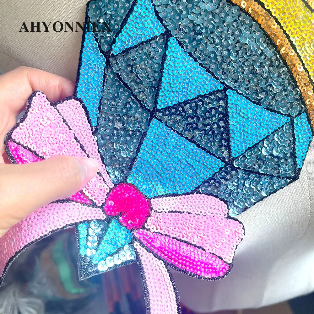 1 Piece Blue Diamond With Bow Crown Sequins Embroidery Patches For Clothing Sticker Appliques Iron On Patches