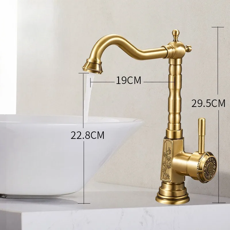 Basin Faucet, Golden Retro Washbasin Faucet, Hot and Cold Dual-use, All Copper High-end Antique Style Faucet