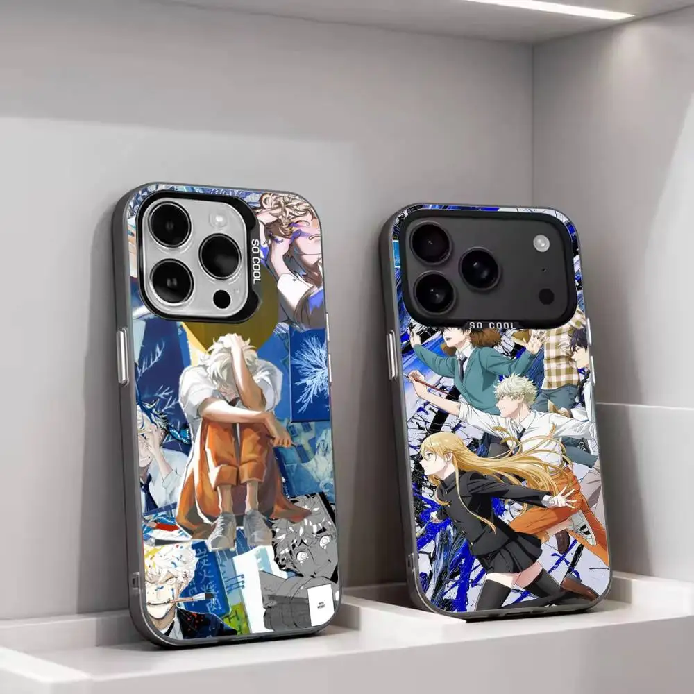 Funda Protectora Trasera Suave de Anime Azul P-Period Gris Plateado Compatible con iPhone 11, 12, 13, 14, 15, 16, 17 Pro Max Plus Air Mini