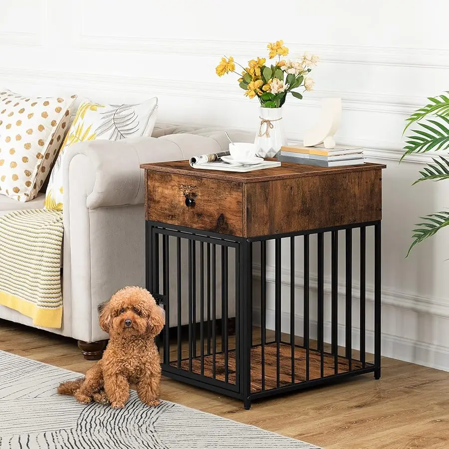 

Dog Crate Furniture, Wooden Dog House, Decorati e Dog Kennel with Drawer, Indoor Pet Crate End Table for Small Dog, Steel-Tube P