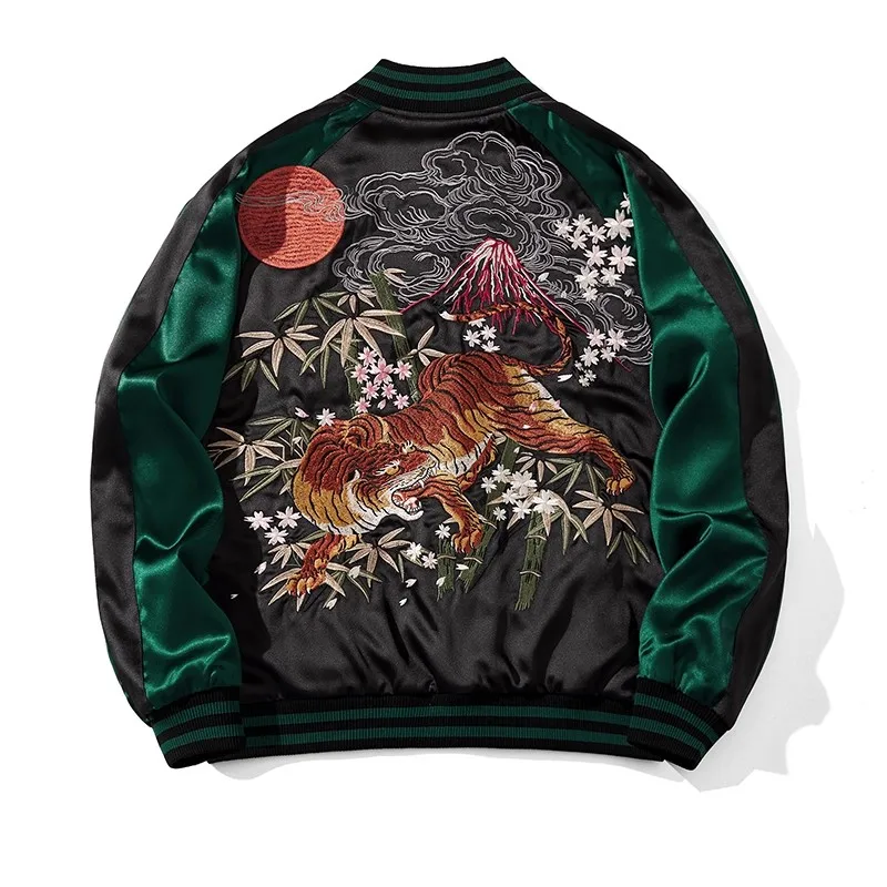 

New High Street Fashion Men Boys Tiger Bamboo Sakura Heavy Work Embroidered Green Sukajan Souvenir Jacket Coats Vintage Casual
