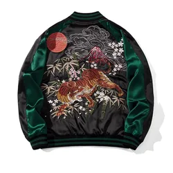 New High Street Fashion Men Boys Tiger Bamboo Sakura Heavy Work Embroidered Green Sukajan Souvenir Jacket Coats Vintage Casual