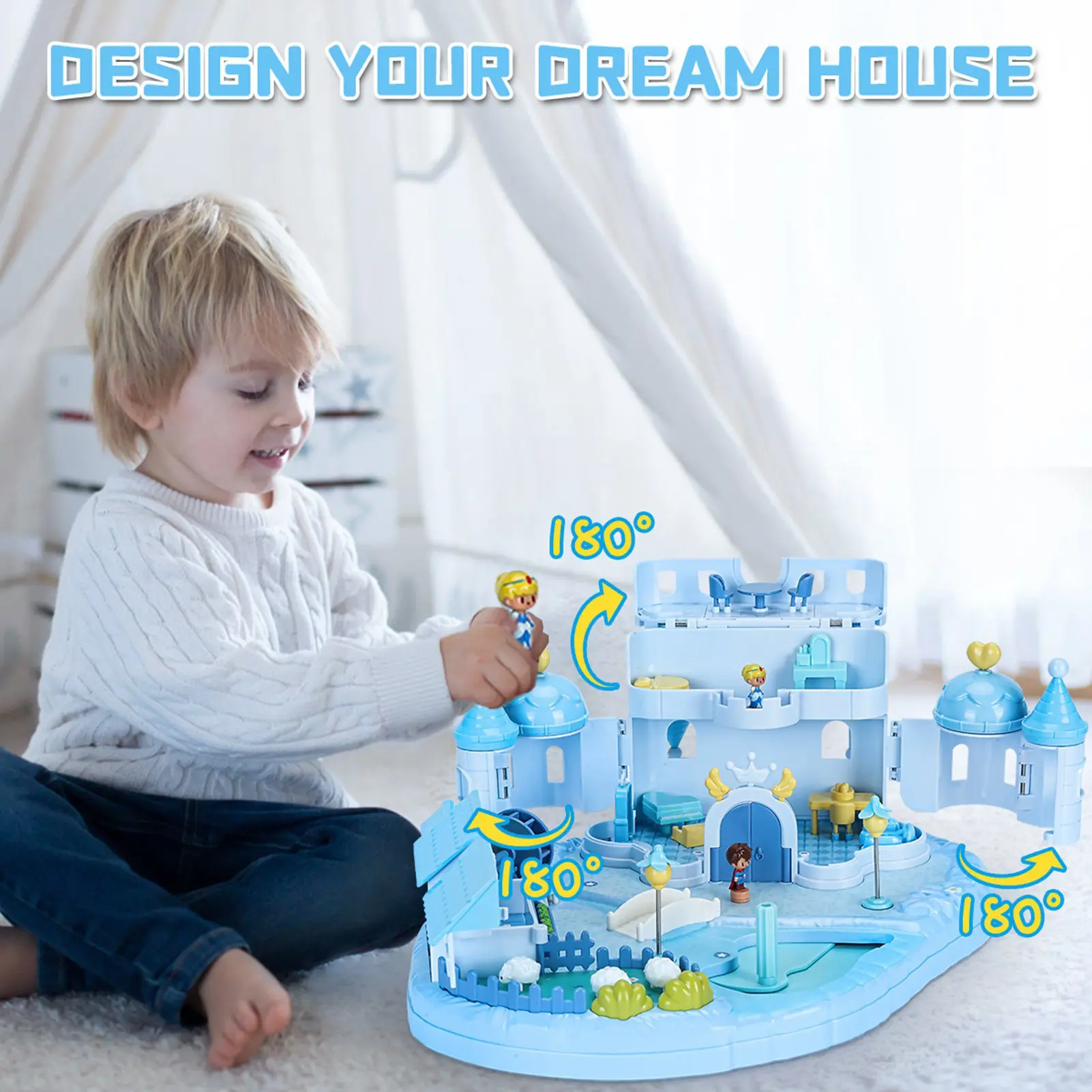 Magnetische bediening poppenhuis speelset blauw educatief doe-het-zelf poppenhuis speelhuis speelgoed voor kinderen
