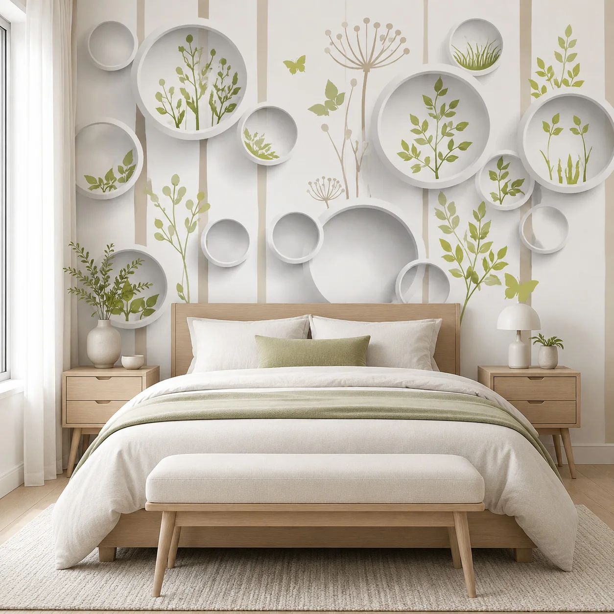 3D Botanical Wall Mural, Green Leaf Wallpaper Modern White Geometric Art Non Self Adhesive Living Room Bedroom Luxury Home Decor