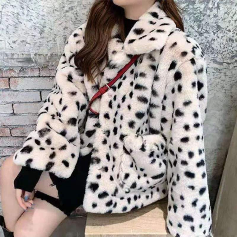

Leopard Print Women's Cropped Coat Fall/Winter 2025 Fashion Loose Large Lapel Imitation Otter Rabbit Fleece Fur Coat