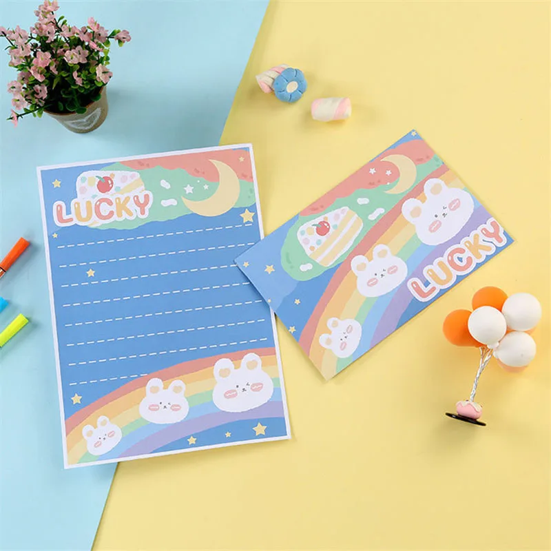 Cartoon Rabbit Letter Paper Combination, Envelope Criativo, Material Escolar, Conjunto de Atividade, Bonito, 10 Envelopes, 10 Letra