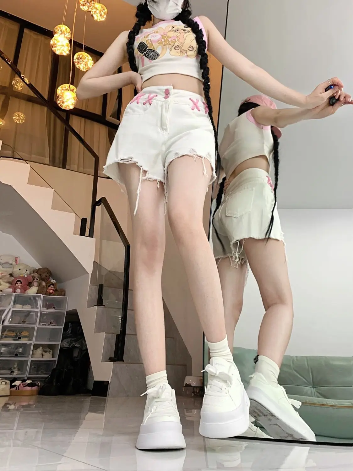 Denim Shorts Raw Edge Kordel zug hohe Taille American Hottie Style Frauen Sommer Shorts Abnehmen Hot pants Straight Pants