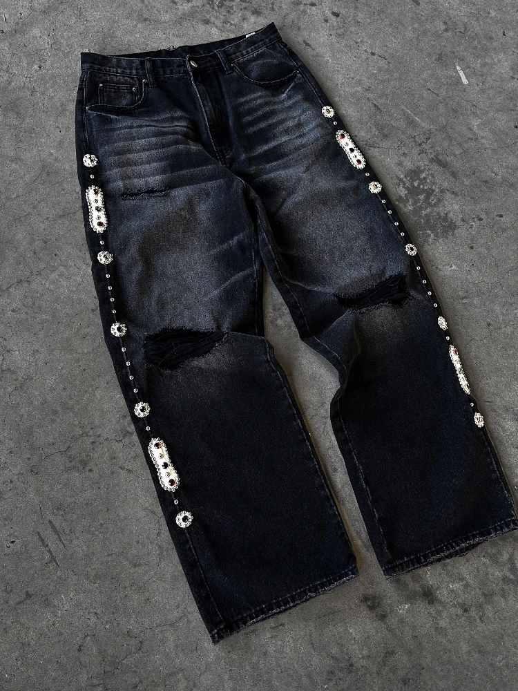 Calças de brim dos homens punk vintage streetwear preto perna larga denim calças strass pérola decoração rasgado angustiado solto ajuste y2k moda