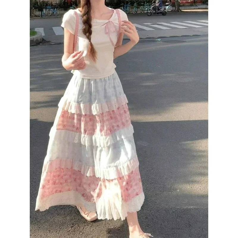 2026 Spring Summer New Lace High Waist Cake Dress Women Sweet Girl Vintage French Floral Lace Splicing Retro Skirt
