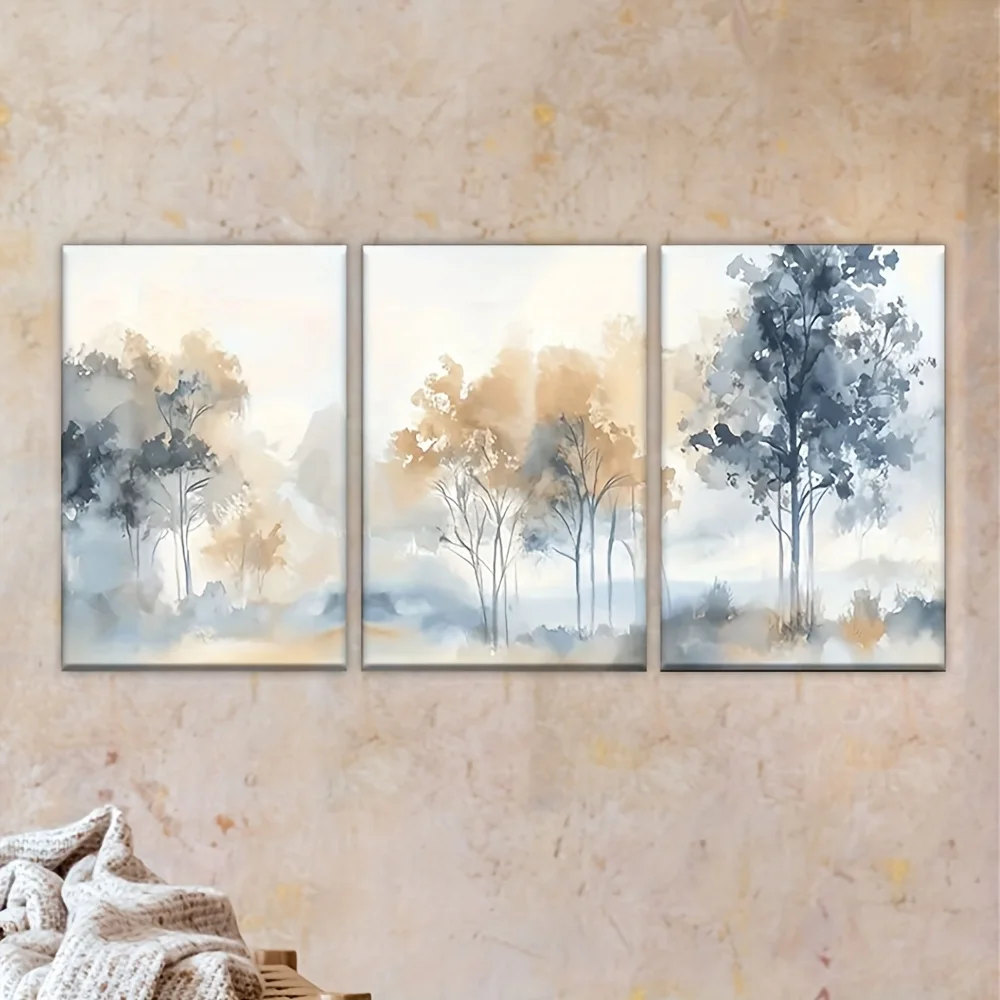مجموعة 3 قطع، لوحات قماشية - غير مؤطرة، أشجار في الغابة، مجموعة رسم فنية، غرفة المعيشة، المكتب، المكتبة، البار، المقهى، مجردة