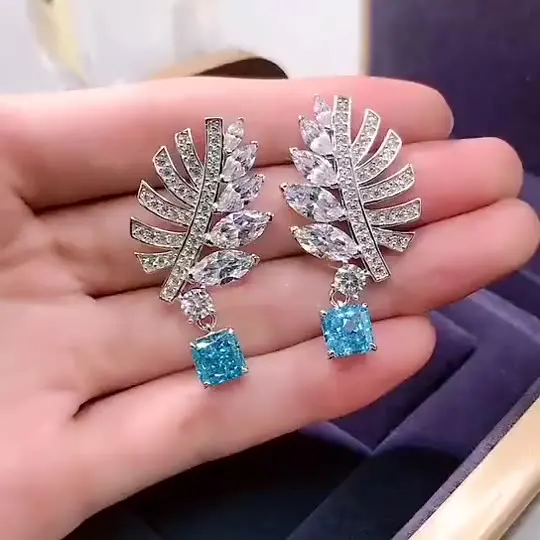 New S925 silver earrings handmade inlaid 7*7 aquamarine princess square feather earrings jewelry accessories