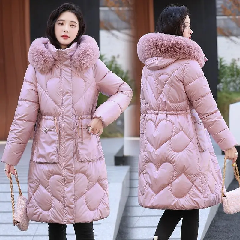 

2023New Women Down Cotton coat Winter JacketMid length version Overcoat Female warm thick Parkas hooded fur collar Outwear