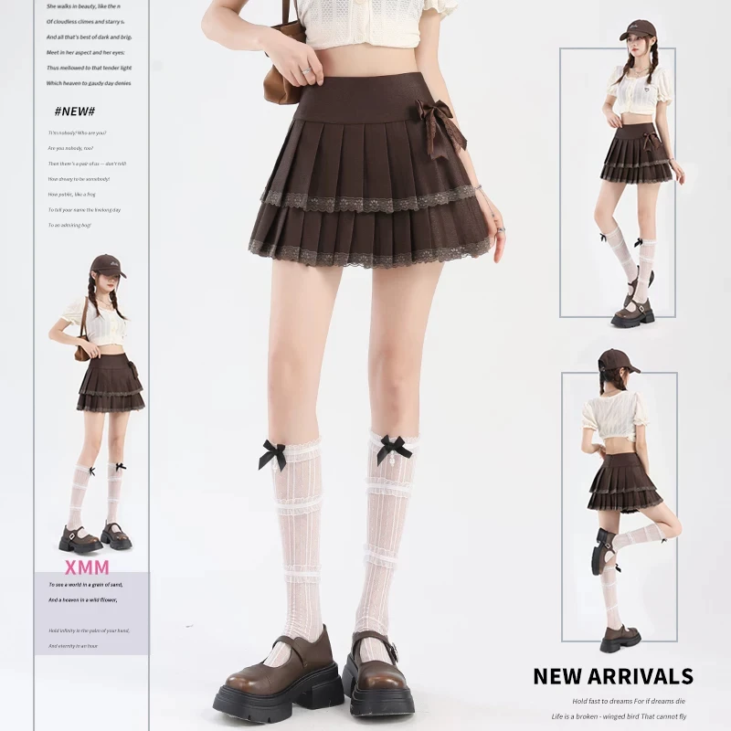 Women High Waist Pleated Mini Skirt Brown Double Layer Lace Trim with Bow A-line Cute Lolita JK Preppy Short Skirt