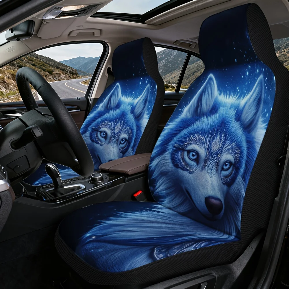 2D Flat Printing, 2pcs, Decorative Mystical Blue Wolf Portrait Print Car Seat Covers, Fit For SUV Sedan Truck, Stylish Washable