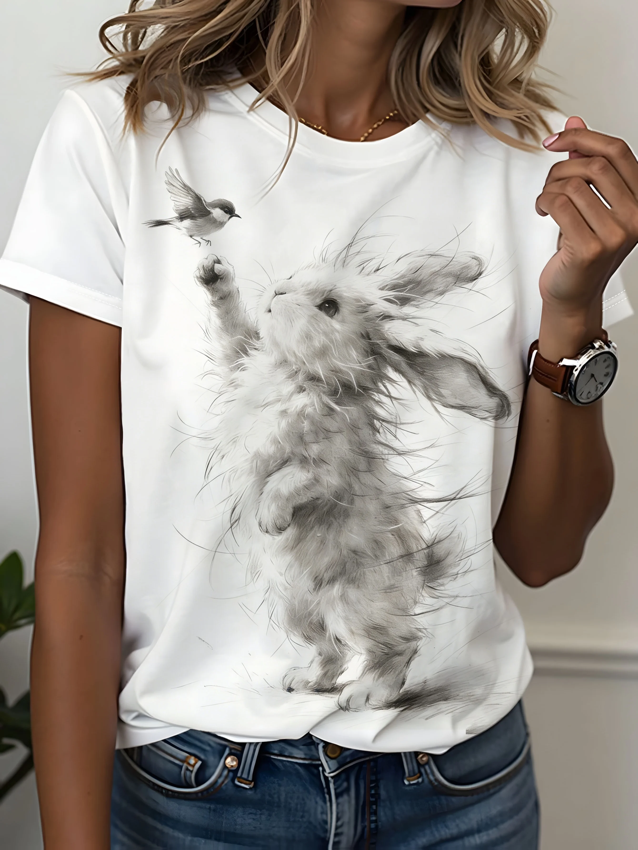 Women's Round Neck T Shirt White Base Watercolor Fluffy Rabbit And Little Bird Print Casual Daily Cute Style Ladies Clothing