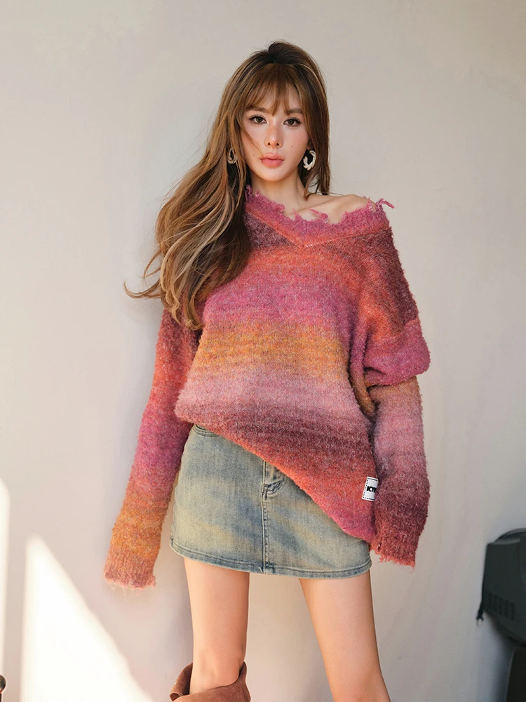 

Wang Zhiwei IcyNude Vintage Sle Loose Women's Knitwear Lazy Sle Long Sve V-Ne Mid-Length Sweater Autumn New Arrival