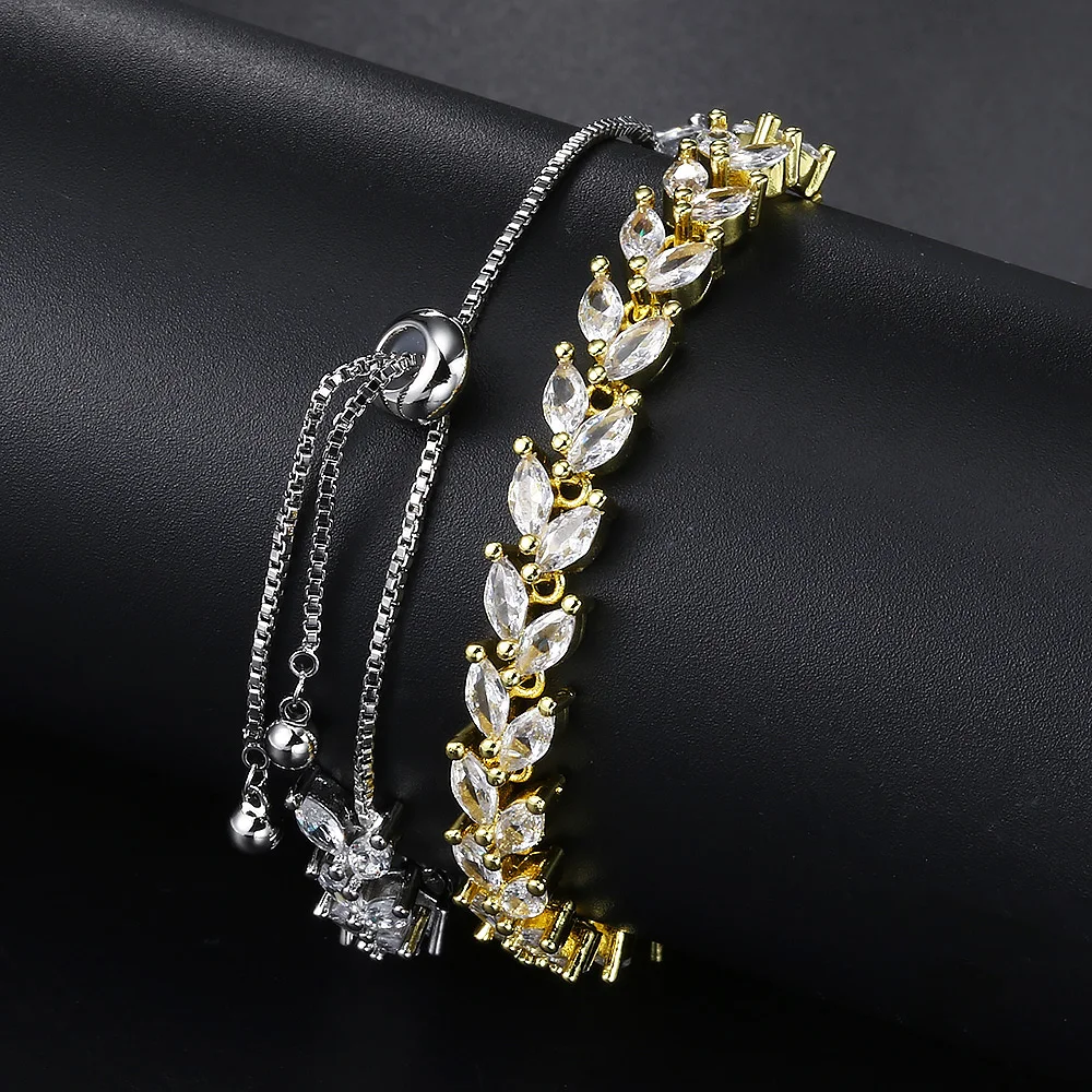 Wunderschönes, glänzendes, verstellbares Blatt-Tennisarmband mit Zirkonia-Besatz für Damen und Herren, zarte Kristall-Handkette, Schmuck H035 – Detail 6
