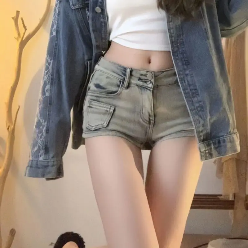 Pantaloncini di jeans aderenti Donna Stile vintage Streetwear Tasche alla moda Chic Summer American Retro Lady Hotsweet Casual Night Club