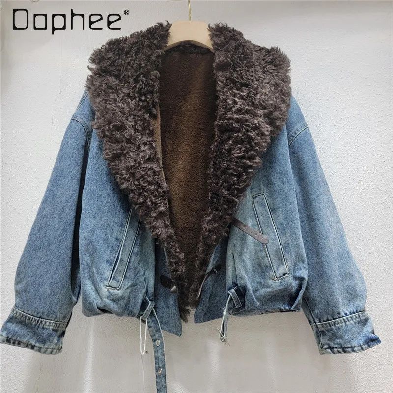 

Зимняя куртка для женщин, новинка 2023 года, модная короткая парка из овечьей шерсти, джинсовая куртка с цветным воротником