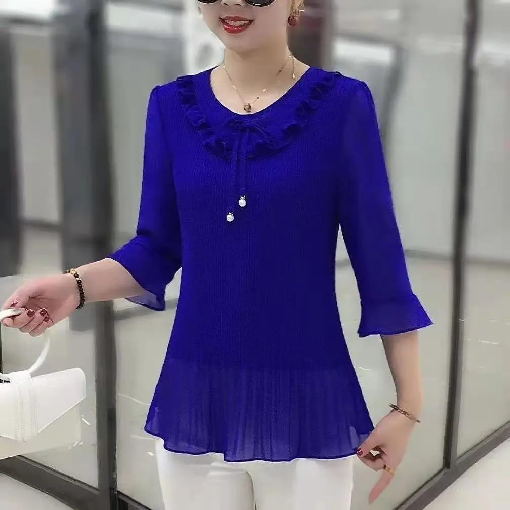 

Autumn New Lace Crew Neck fashion shirt slim-fitting and thin women's clothing spring and summer elastic top versatile shirt