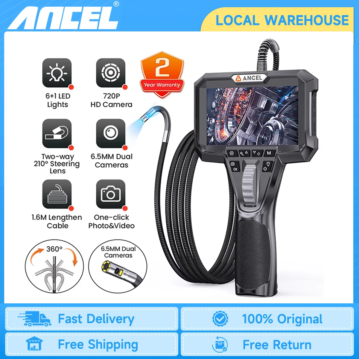 

6.5MM ANCEL AN302 Endoscope Two-Way Articulating Borescope Dual Camera HD Endoscope with 7 LED Lights Car Inspection Tools