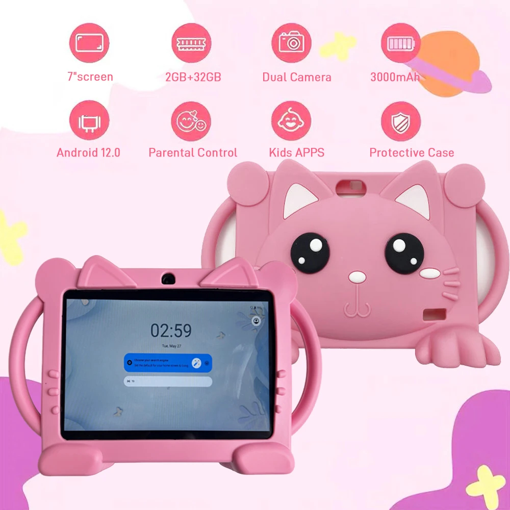 Tablet Kids 2+32GB 7'' Android Tablet Toddler with Case 5G WiFi Bluetooth Dual Camera  Educational Learning Toys Children Gifts