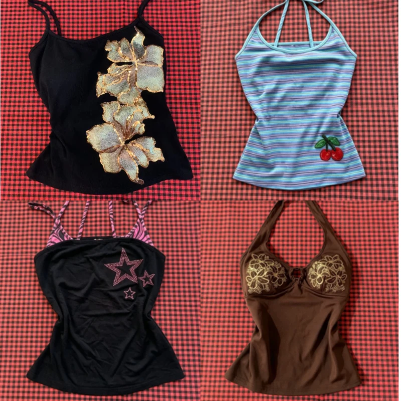 Y2K American Retro Floral Print Sleeveless Camisole Harajuku Streetwear Women Sexy Slim Chic Halter Tank Tops Daily Party Style