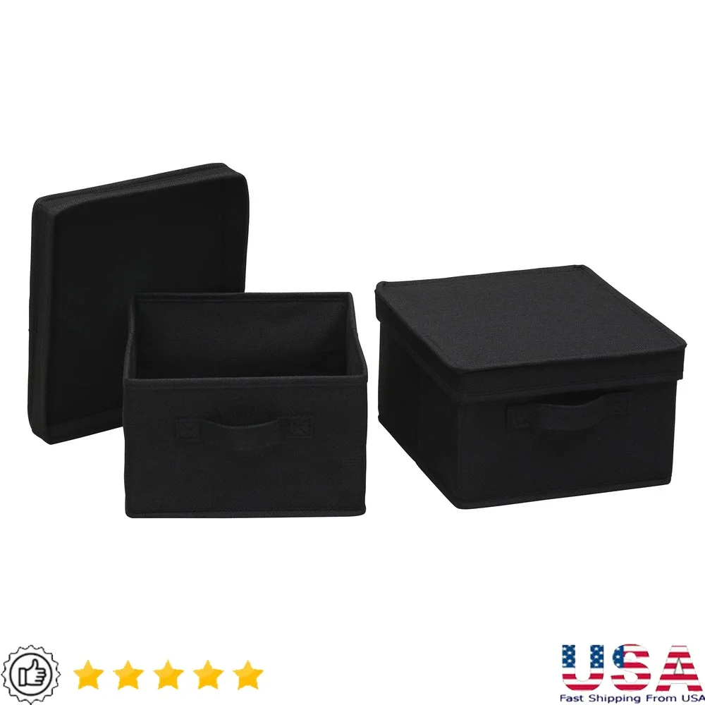 

Set of 2 Medium Fabric Storage Bins with Removable Lid Stackable Durable Black Storage Box Home Office Organization