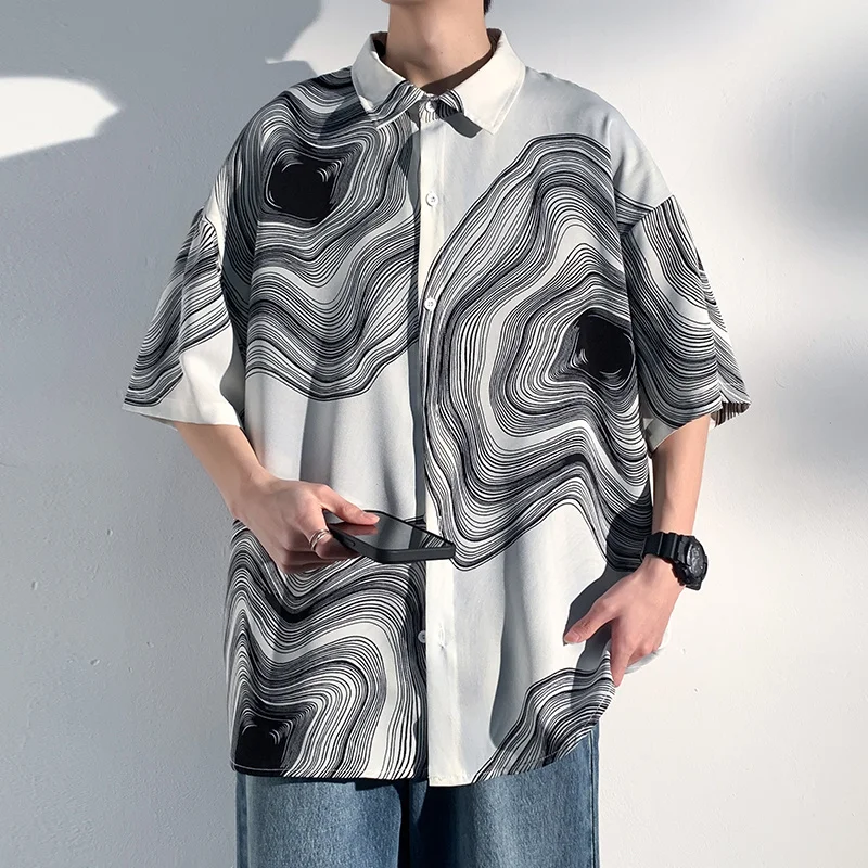 Summer Short Sleeve Shirt Men Fashion Retro Print Shirt Men Loose Black White Ice Silk Shirts Mens Hawaiian Shirt Large Size