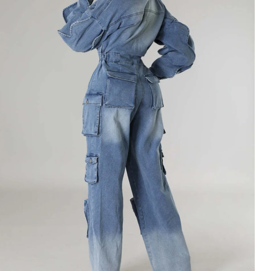 2026 Elegant New Fashion Work Pants Washed and Worn Denim Long Jumpsuit with Multiple Pockets and Wide Legs